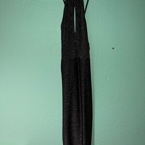 privy Black Pinstripe Top with Subtle Silver Lurex and Open Chest